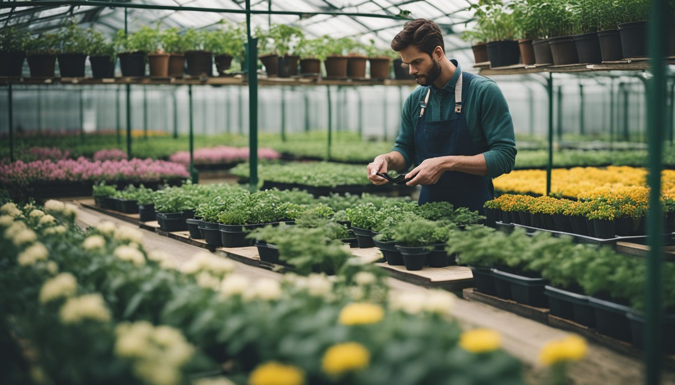 A small UK native plant nursery with rows of cultivated plants, a greenhouse, and a gardener tending to the plants