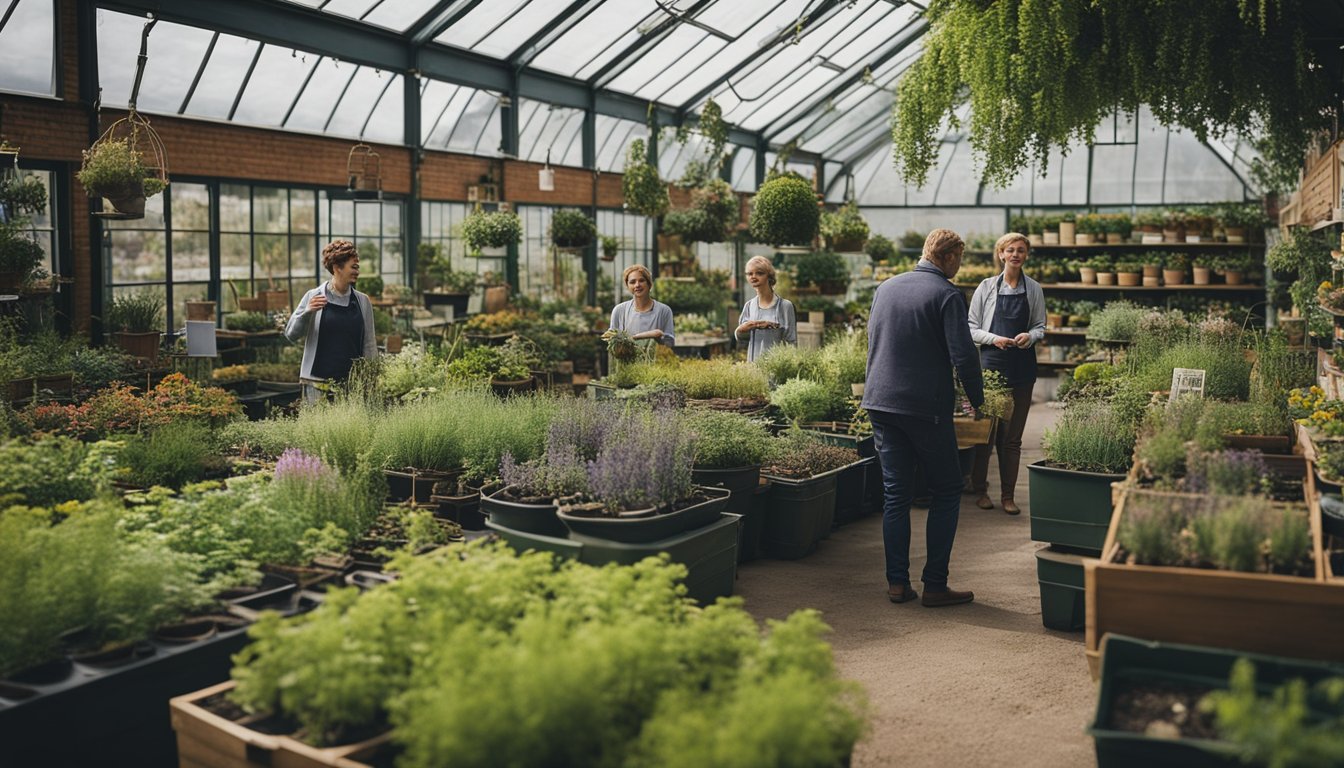 A small UK native plant nursery with customers asking questions, surrounded by various potted plants and informational signage