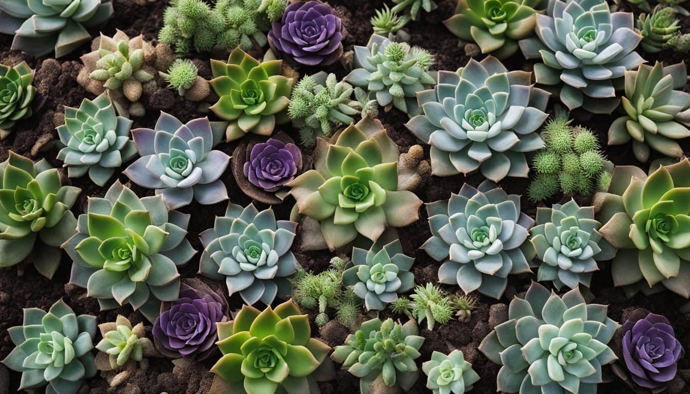 A rocky garden bed with native UK succulents in various shades of green and purple, surrounded by dry, sandy soil