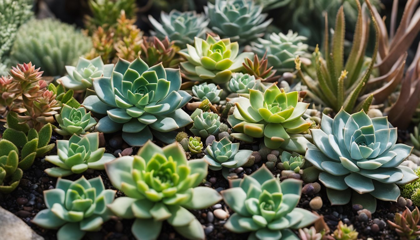 A variety of native UK succulents arranged in a low-water garden setting, showcasing their unique shapes and colors