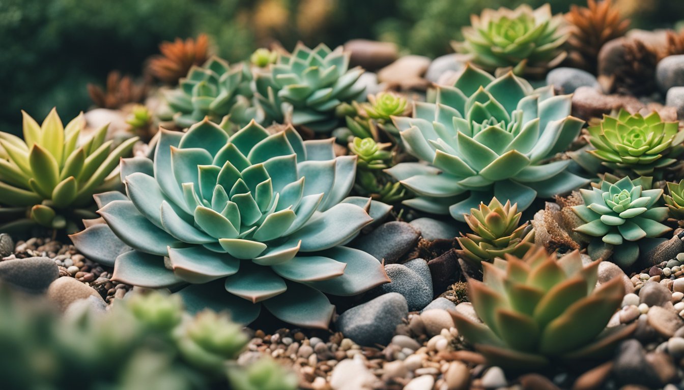 A colorful array of native UK succulents thrives in a low-water garden, surrounded by rocks and mulch