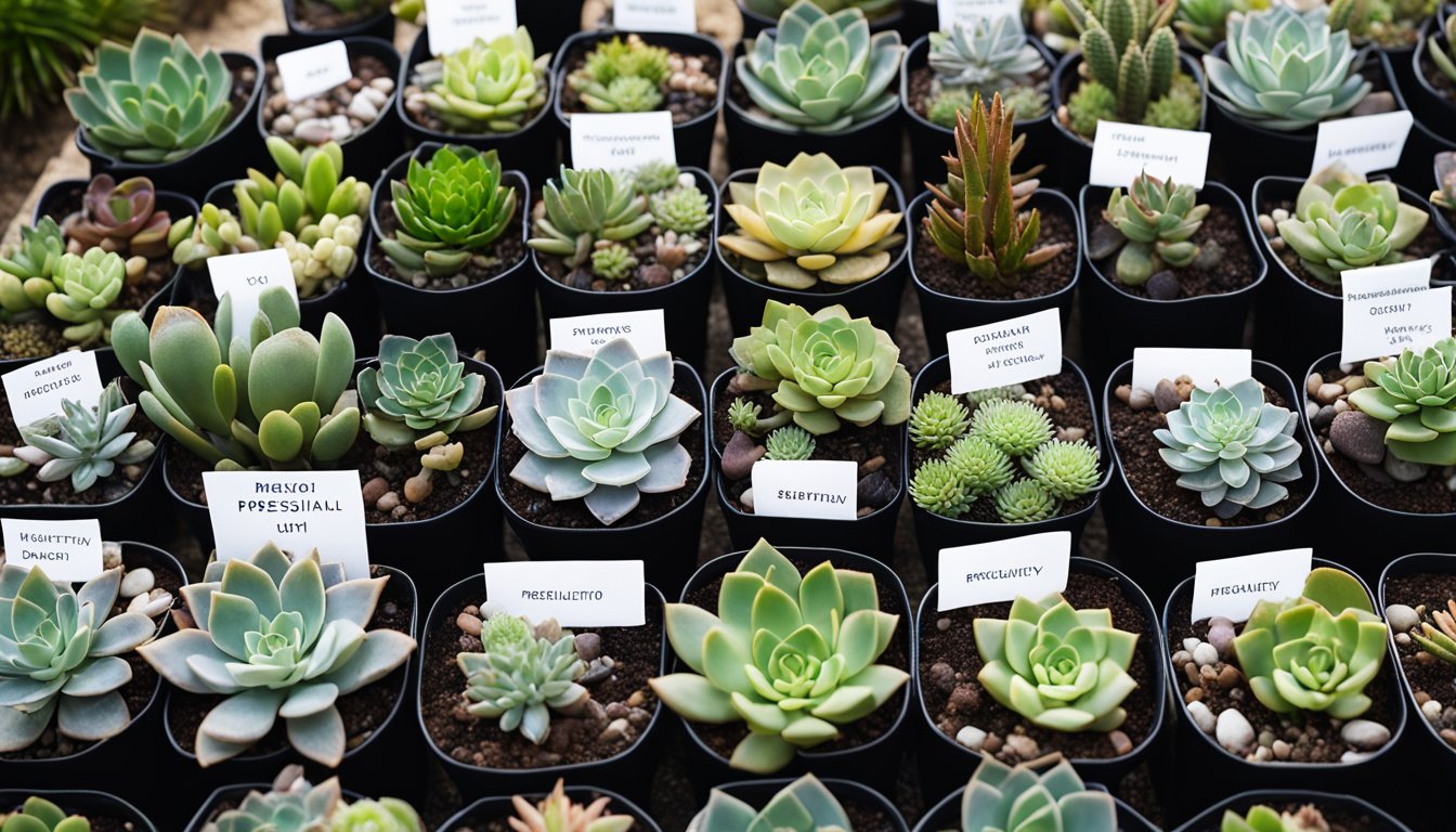 A variety of native UK succulents arranged in a low-water garden, with labels indicating "Frequently Asked Questions" about each plant