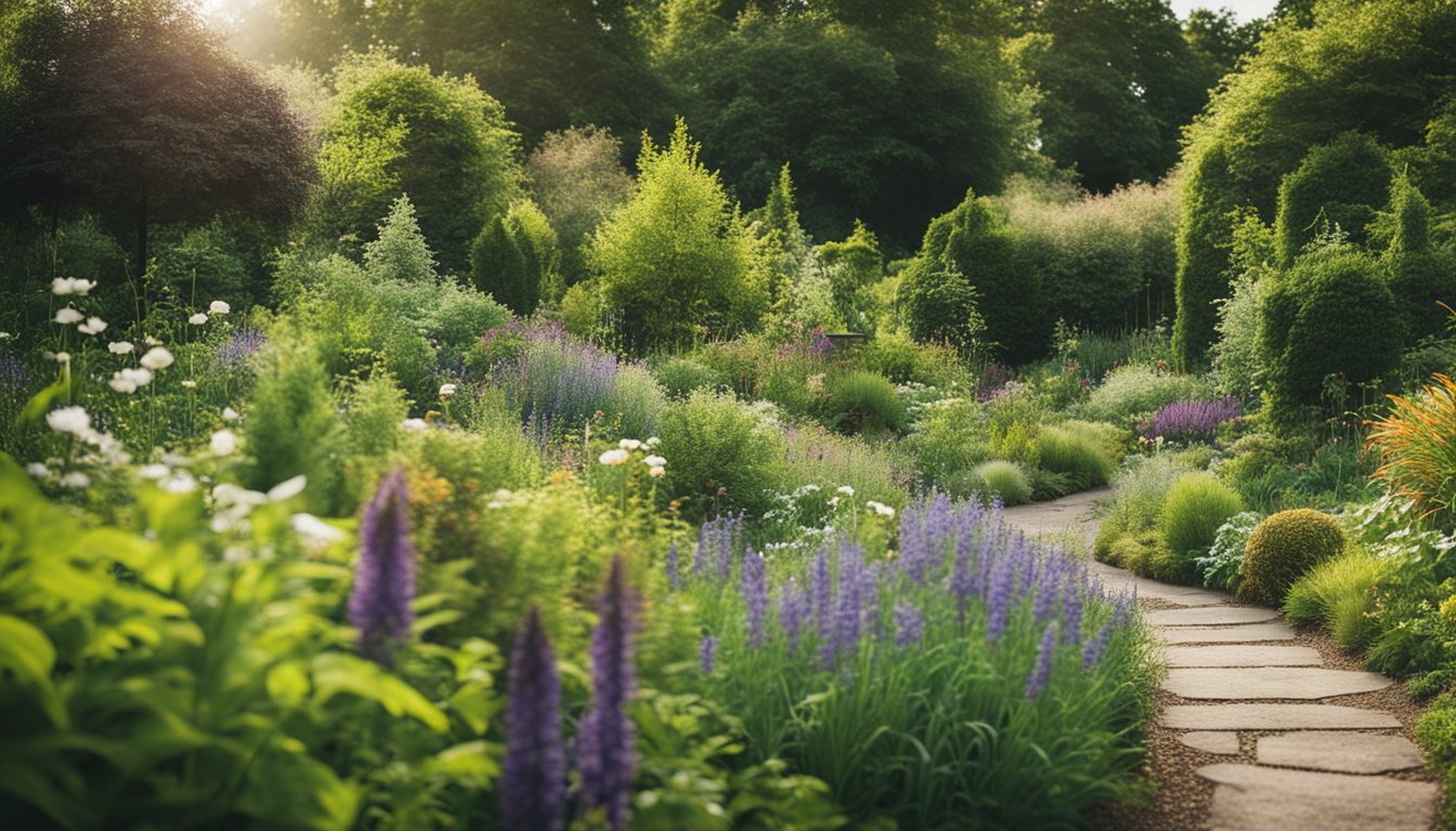 A lush garden filled with native UK plants, attracting various wildlife such as birds, butterflies, and bees. The scene is teeming with life and vibrant colors