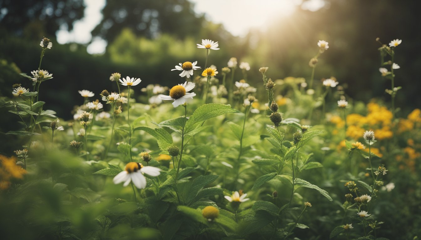 A lush garden filled with native UK plants, buzzing with bees and butterflies, and alive with the sounds of chirping birds and rustling leaves