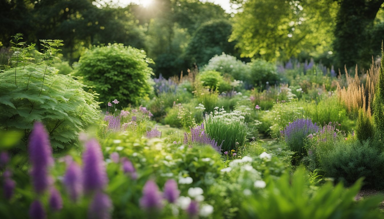 A lush garden filled with UK native plants, buzzing with diverse wildlife including birds, butterflies, and small mammals