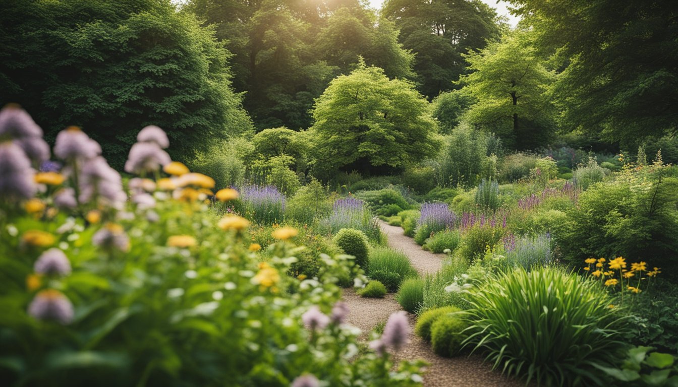 A lush garden filled with UK native plants, surrounded by trees and visited by various wildlife such as birds, butterflies, and bees