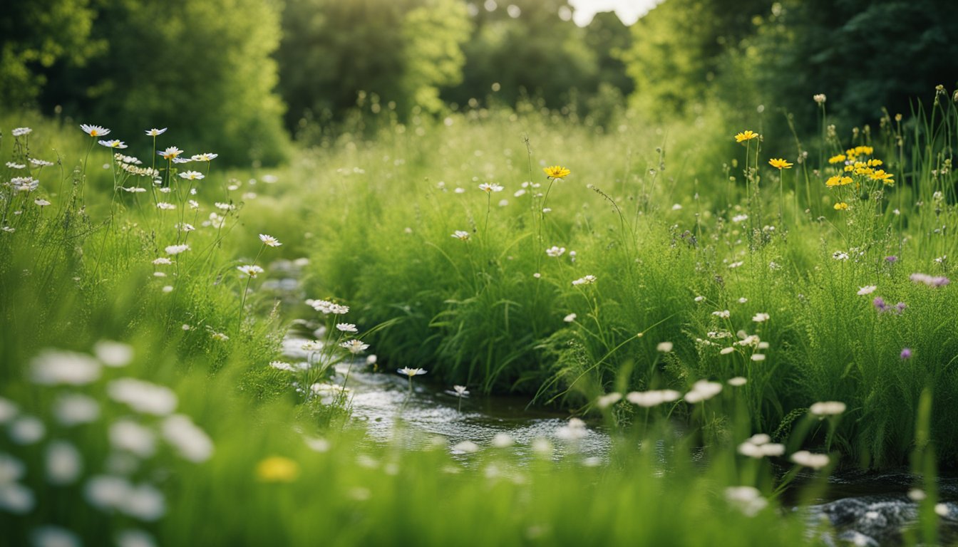 A lush, green meadow with various wildflowers and grasses. A small stream flows through the landscape, surrounded by native UK plant species