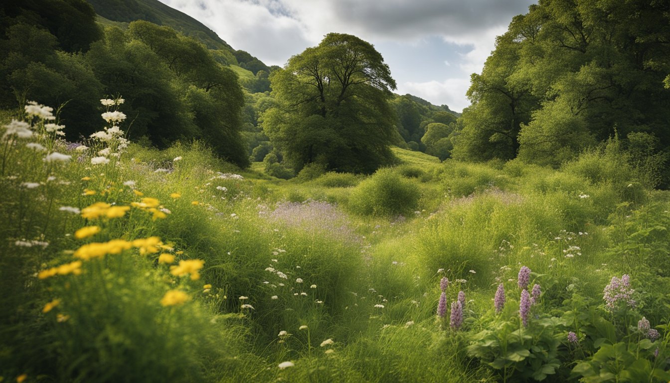 A lush, diverse UK landscape with various native plant species, including flowers, grasses, and trees, surrounded by potential threats like pollution and invasive species