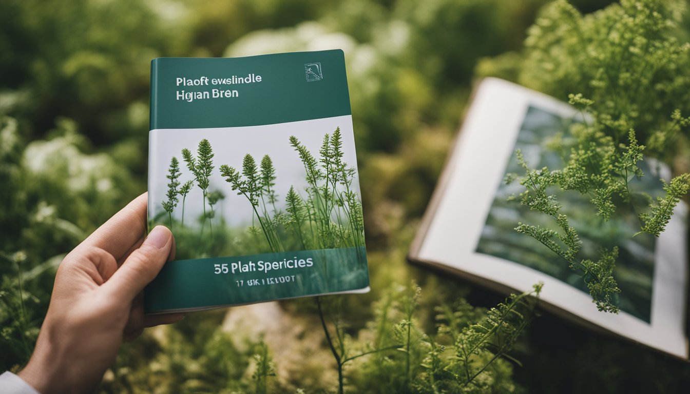 A person using a field guide to identify UK plant species