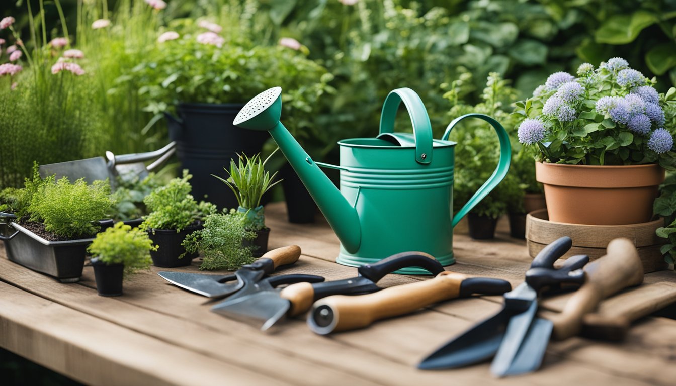 A lush UK native plant garden with a variety of gardening tools neatly arranged on a wooden table. A watering can, pruning shears, gloves, and a trowel are among the tools