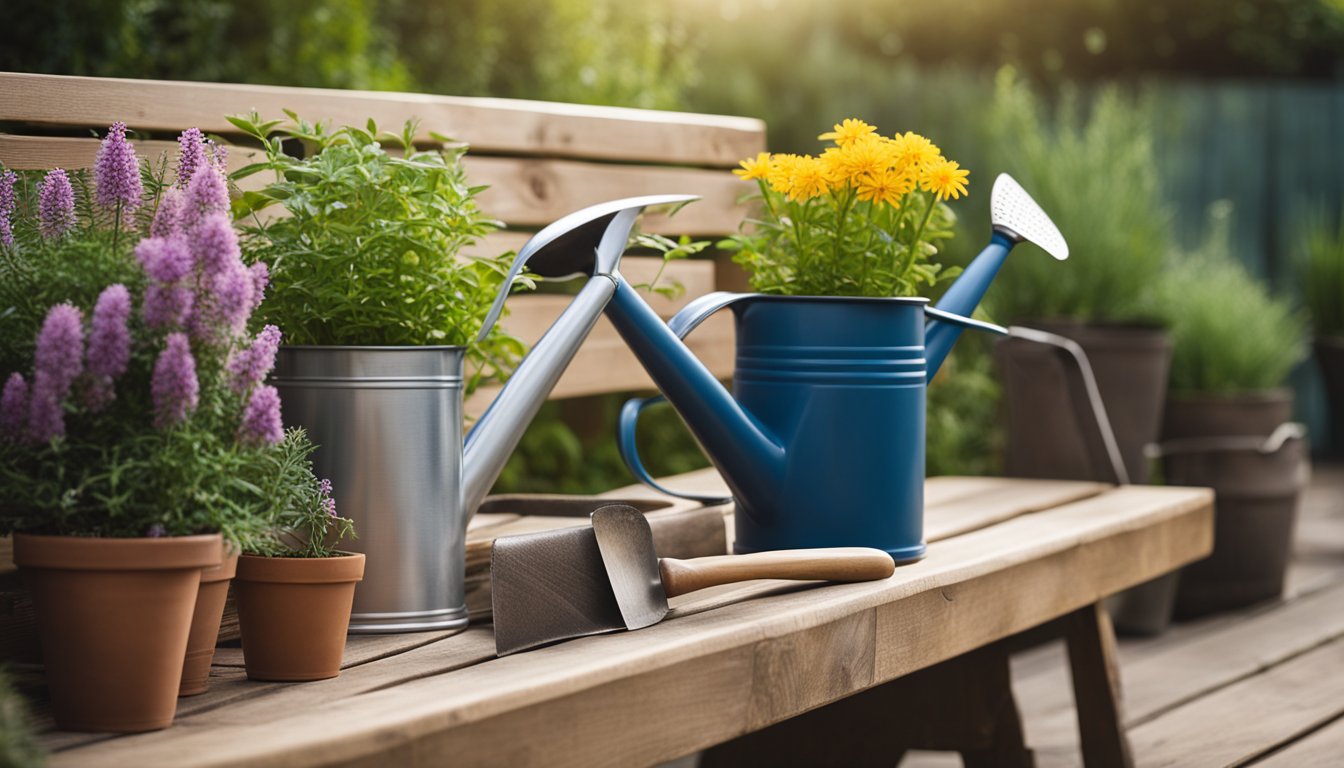 A pair of gardening gloves, a trowel, and a watering can sit on a wooden bench next to a row of potted UK native plants