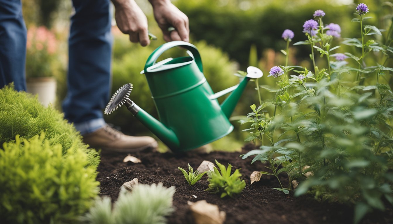 A gardener tending to a variety of UK native plants with a selection of tools such as pruning shears, a rake, and a watering can nearby