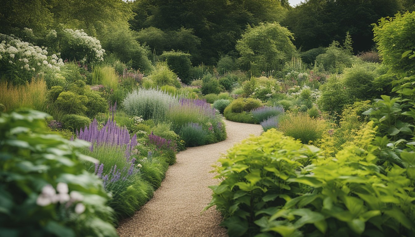 A lush native garden in the UK, with a variety of native plants thriving in a sustainable and biodiverse environment