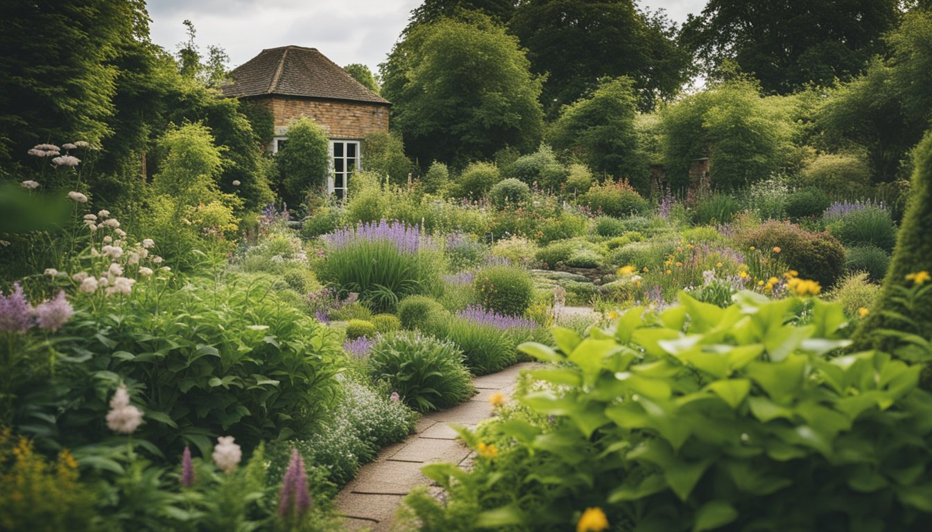 A lush UK garden filled with native plants, surrounded by diverse wildlife and buzzing insects