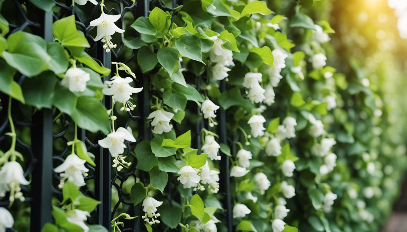 Lush green ivy and flowering honeysuckle climb up trellises, creating a natural barrier for privacy in a UK garden