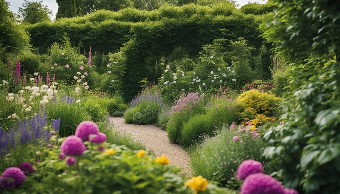 A lush garden with a variety of native UK climbers intertwining to create a natural privacy screen, with vibrant flowers and foliage enhancing the tranquil setting