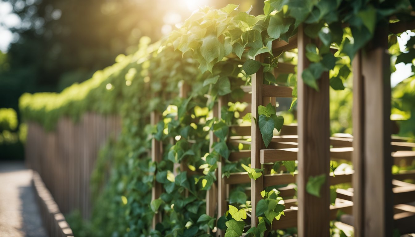 A wooden trellis covered in ivy and honeysuckle, surrounded by lush greenery, creating a natural privacy screen in a garden