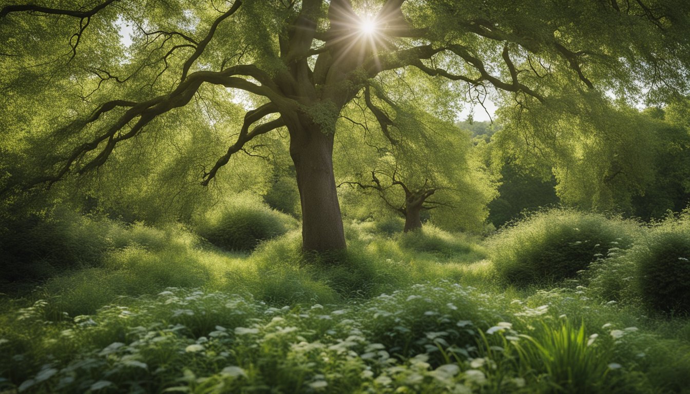 A diverse array of UK native trees planted in a natural setting, surrounded by a variety of native plants and wildlife