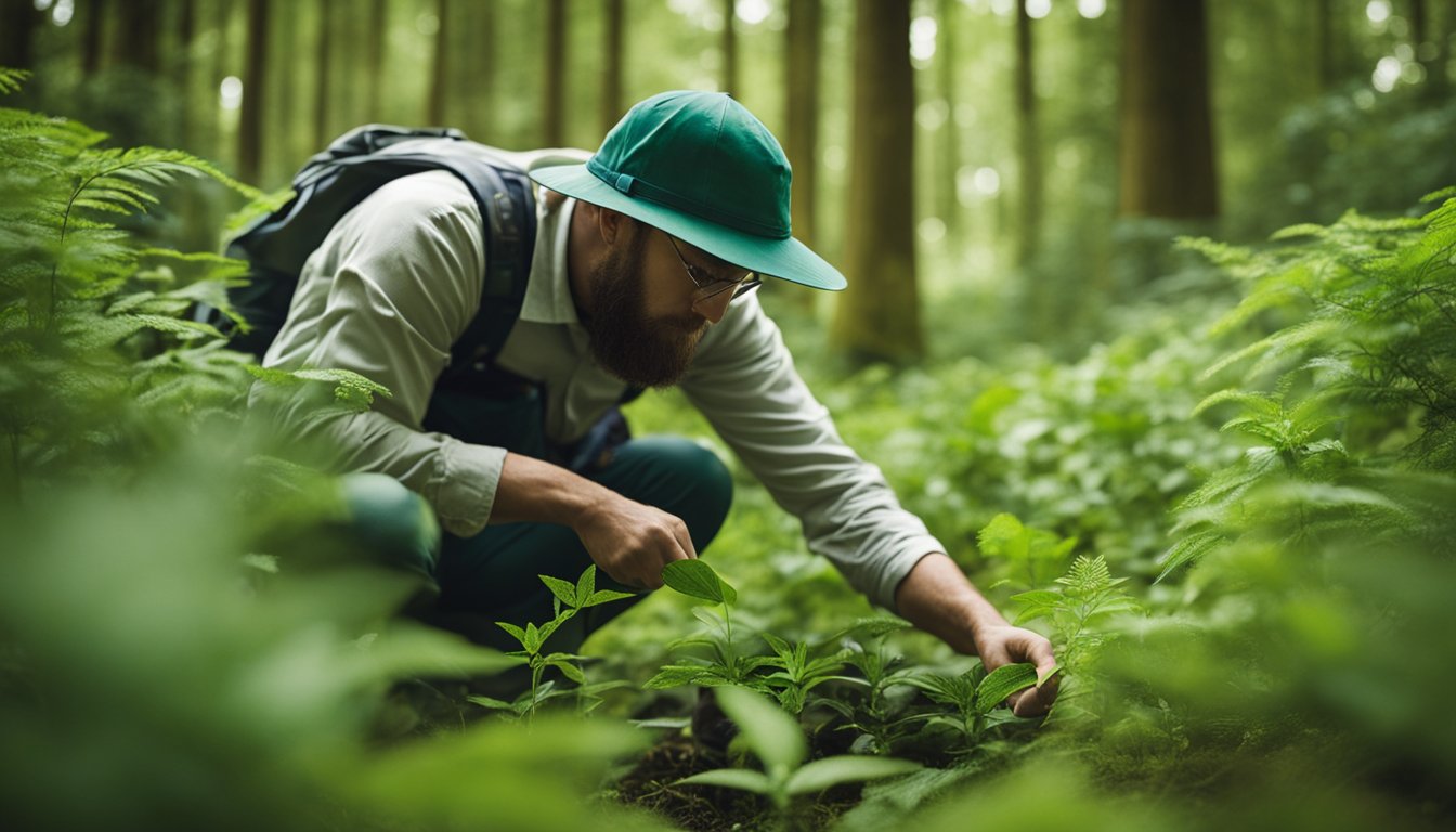 A botanist gathers samples of native UK plants for medicinal research in a lush forest clearing