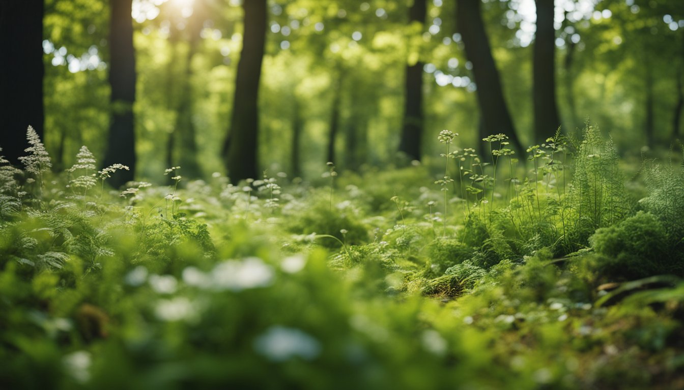 A serene forest clearing with a variety of native UK plants, some being harvested for medicinal use, while others are being carefully conserved