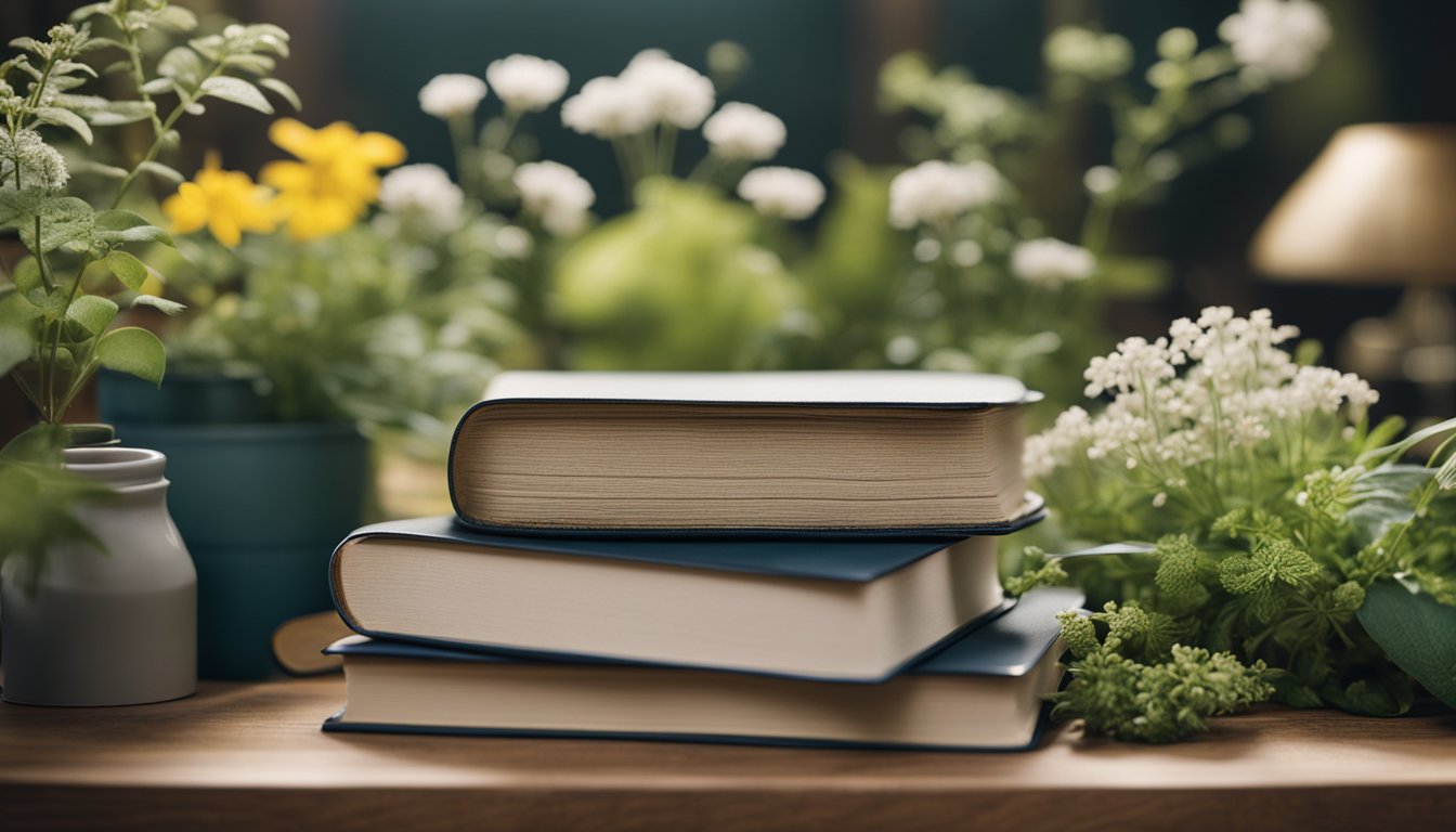 A diverse selection of native UK plants arranged on a wooden table, surrounded by open books and research papers