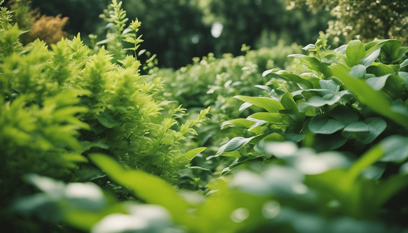 A lush garden filled with a variety of native hedge plants, teeming with diverse wildlife and insects