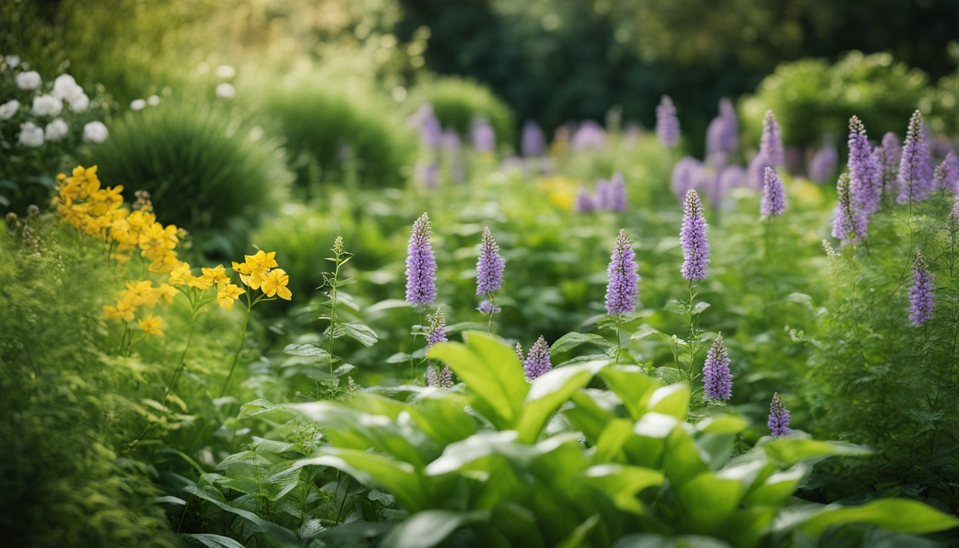 A lush garden with a variety of native UK plants arranged in a harmonious and natural design, attracting local wildlife and providing sustainable beauty