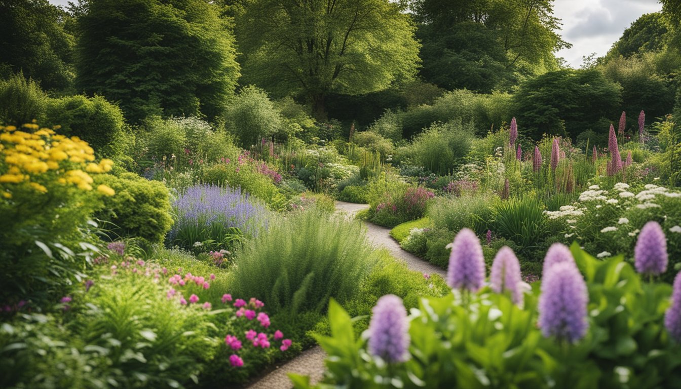 A lush garden filled with native UK plants, including vibrant flowers, shrubs, and trees, creating a diverse and sustainable ecosystem