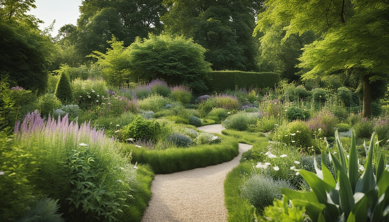 A lush garden with a variety of native UK plants arranged in a harmonious and practical design, showcasing their importance in sustainable garden landscaping