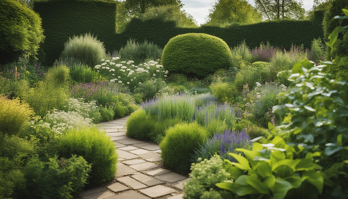 A lush garden with diverse native UK plants arranged in a harmonious and natural design, showcasing their role in sustainable and beautiful garden landscapes