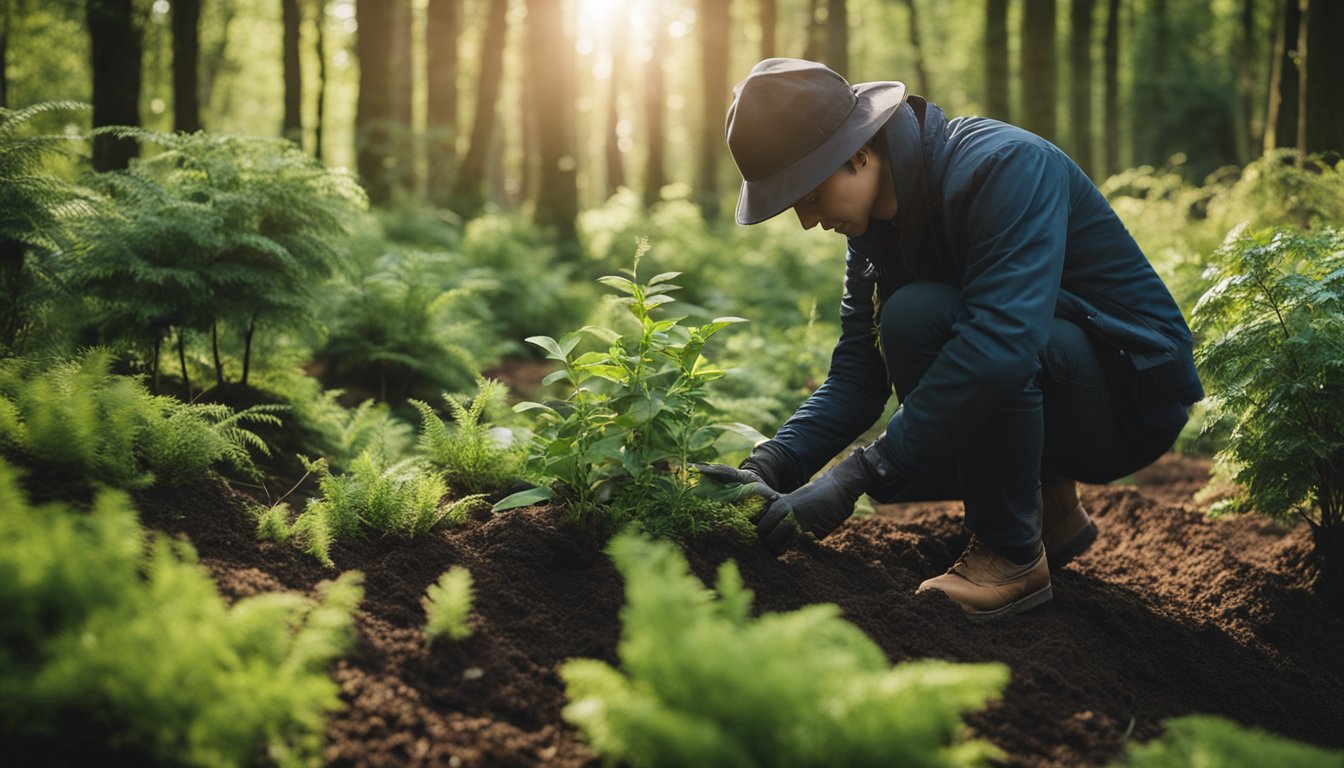 A person plants native UK trees in a lush, diverse forest setting. The trees are carefully placed in the rich soil, surrounded by a variety of plants and wildlife