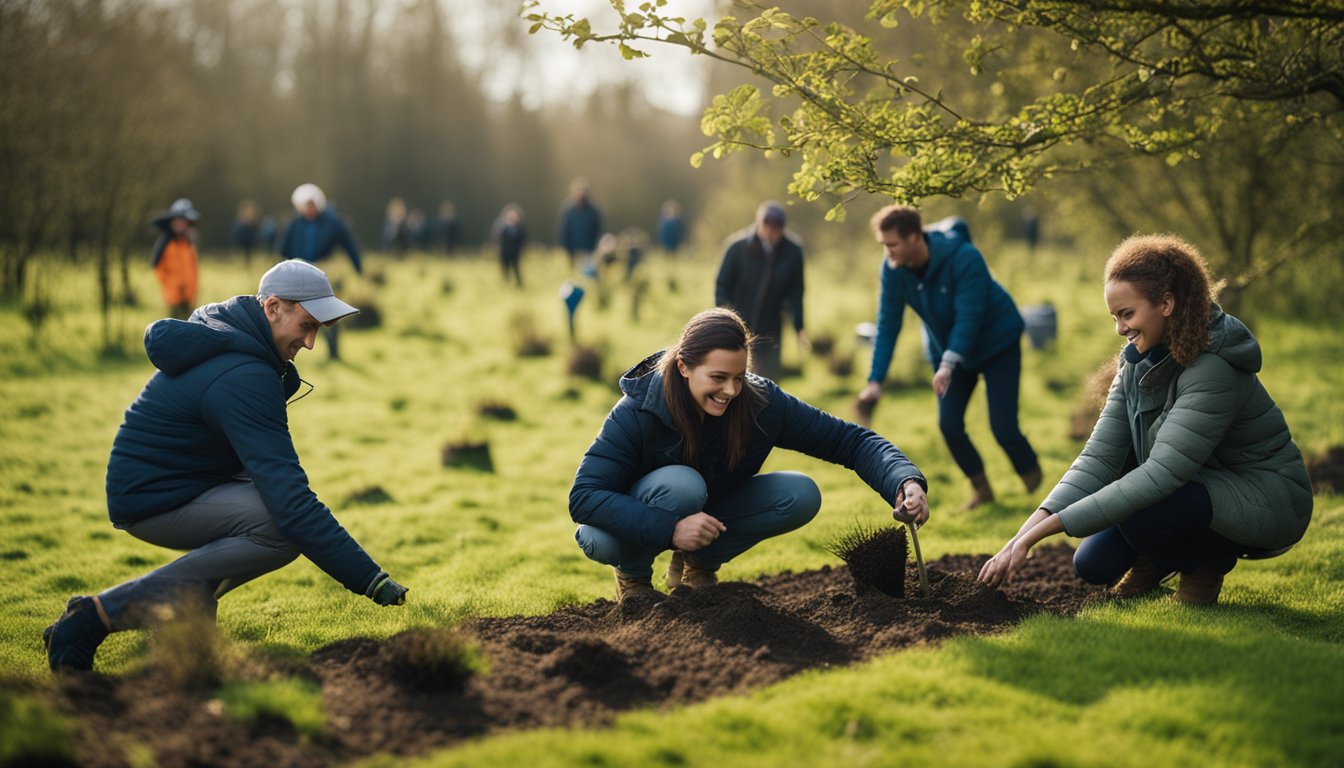 A group of people planting native UK trees in a diverse landscape, using various strategies to enhance biodiversity