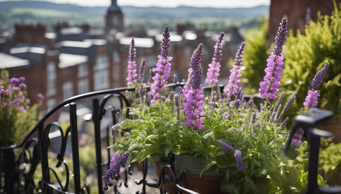 A balcony garden with pots of native UK plants, including lavender, heather, and foxgloves, surrounded by a wrought iron railing overlooking a cityscape