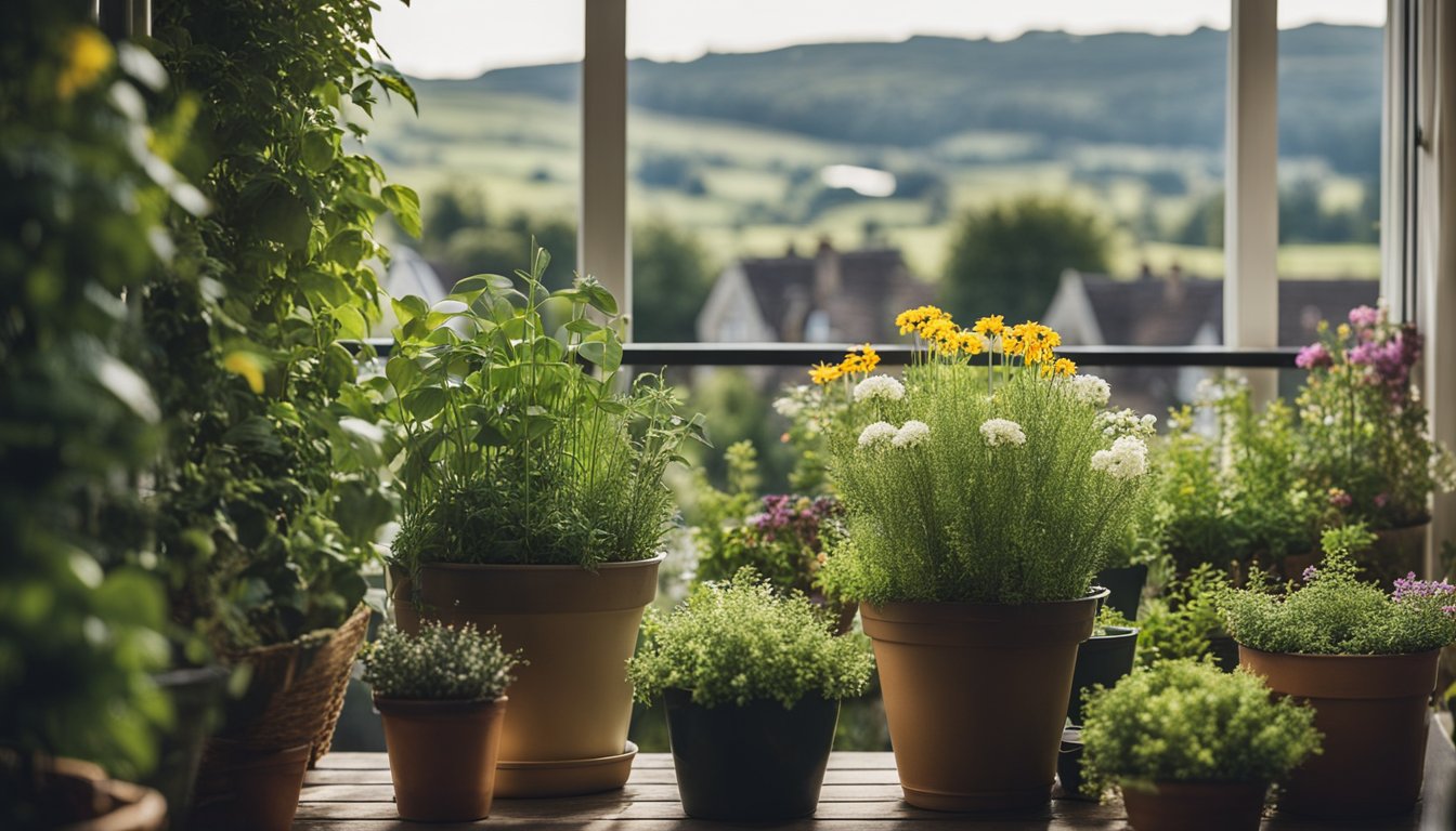 A balcony garden with vibrant native UK plants in various containers, surrounded by greenery and a view of the UK countryside