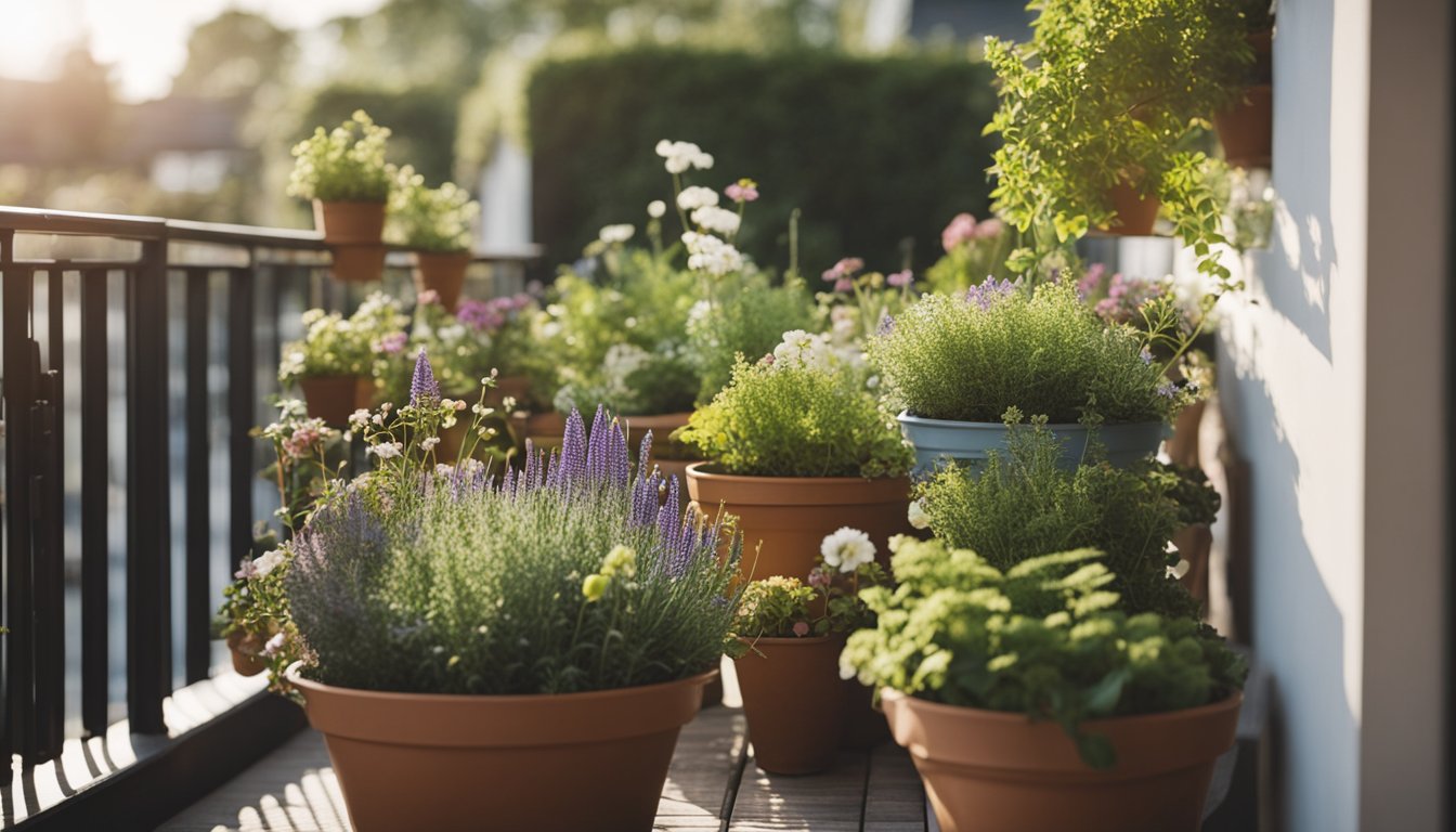 A balcony garden filled with native UK plants in pots and hanging baskets, with a variety of flowers, herbs, and small shrubs thriving in the sunlight