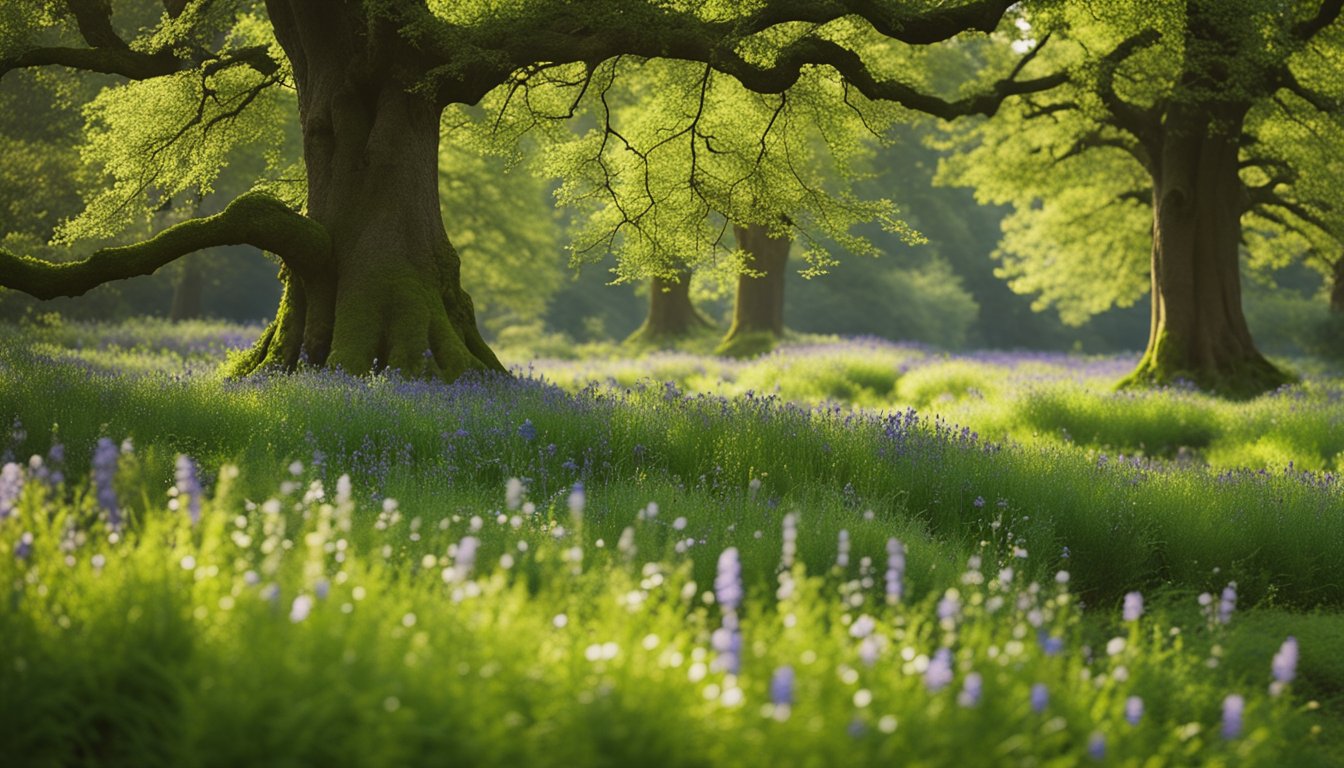 A lush green meadow with native UK plants, including bluebells, foxgloves, and primroses, surrounded by ancient oak trees