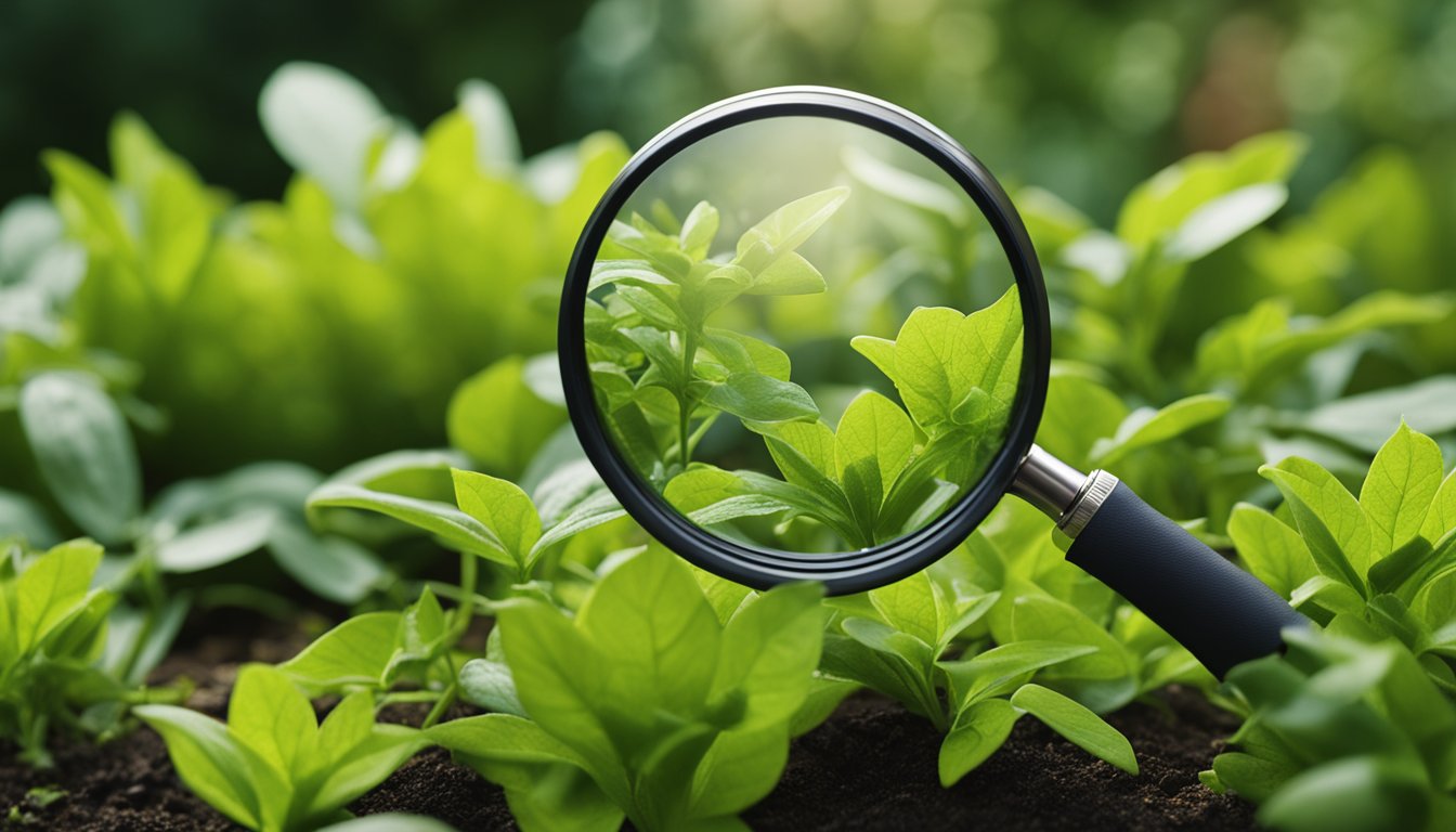 A lush, green garden with a variety of native UK plants. A magnifying glass hovers over a plant, symbolizing the investigation into debunking myths