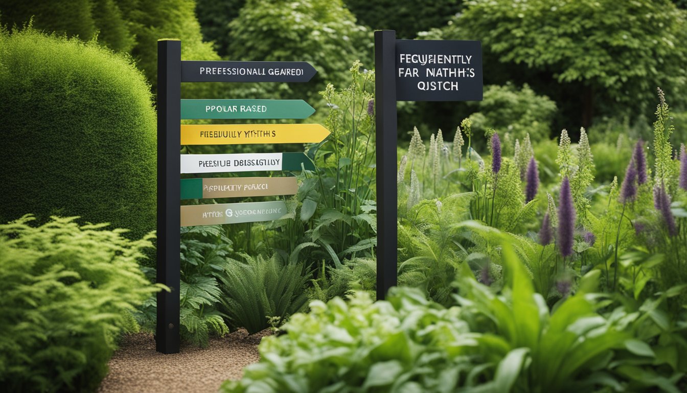 A lush, diverse garden with native UK plants. A signpost with "Frequently Asked Questions" and "Popular Myths Debunked" stands among the greenery