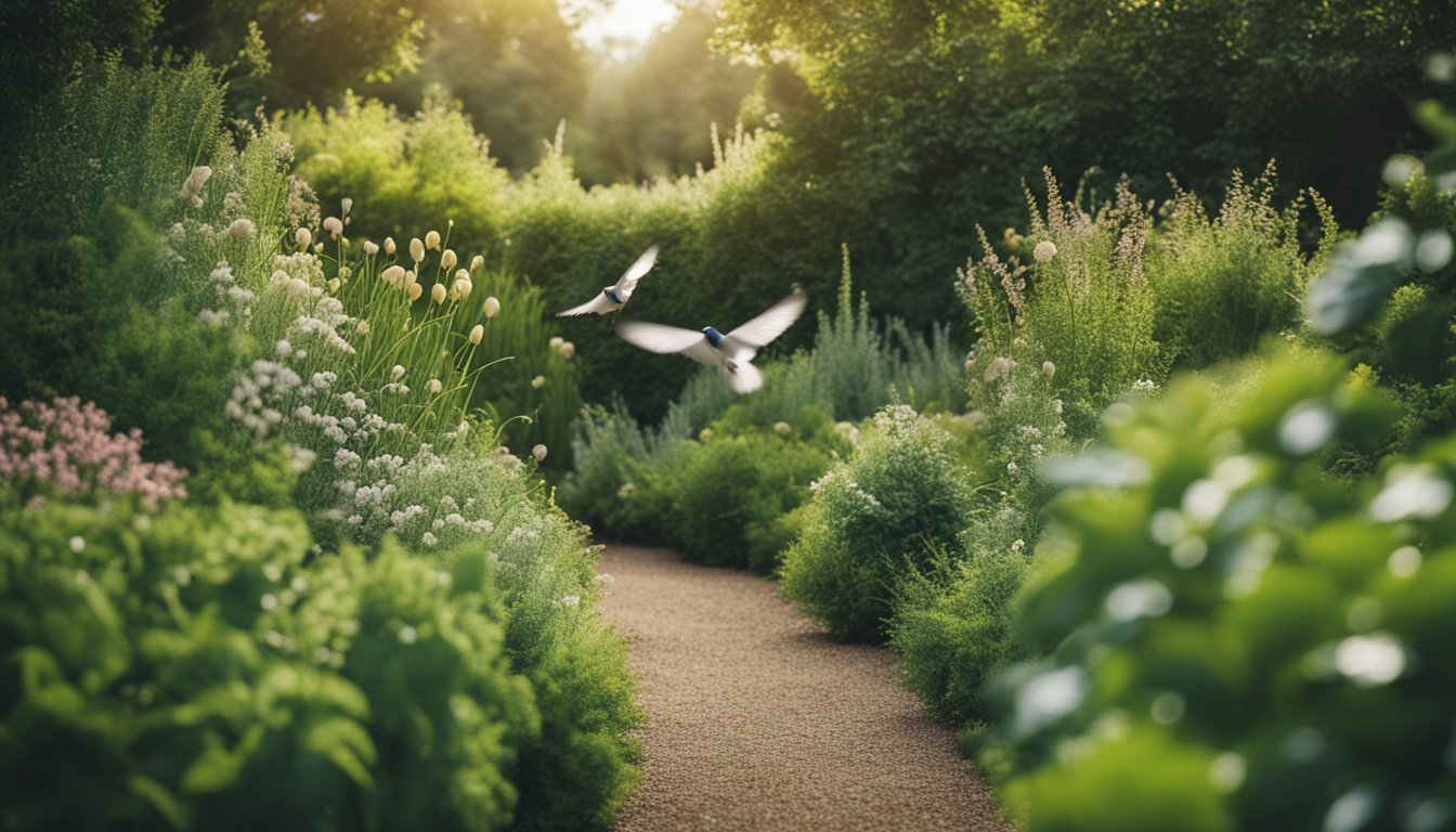 A lush, dense hedge of native plants teeming with birds, butterflies, and small mammals in a UK garden