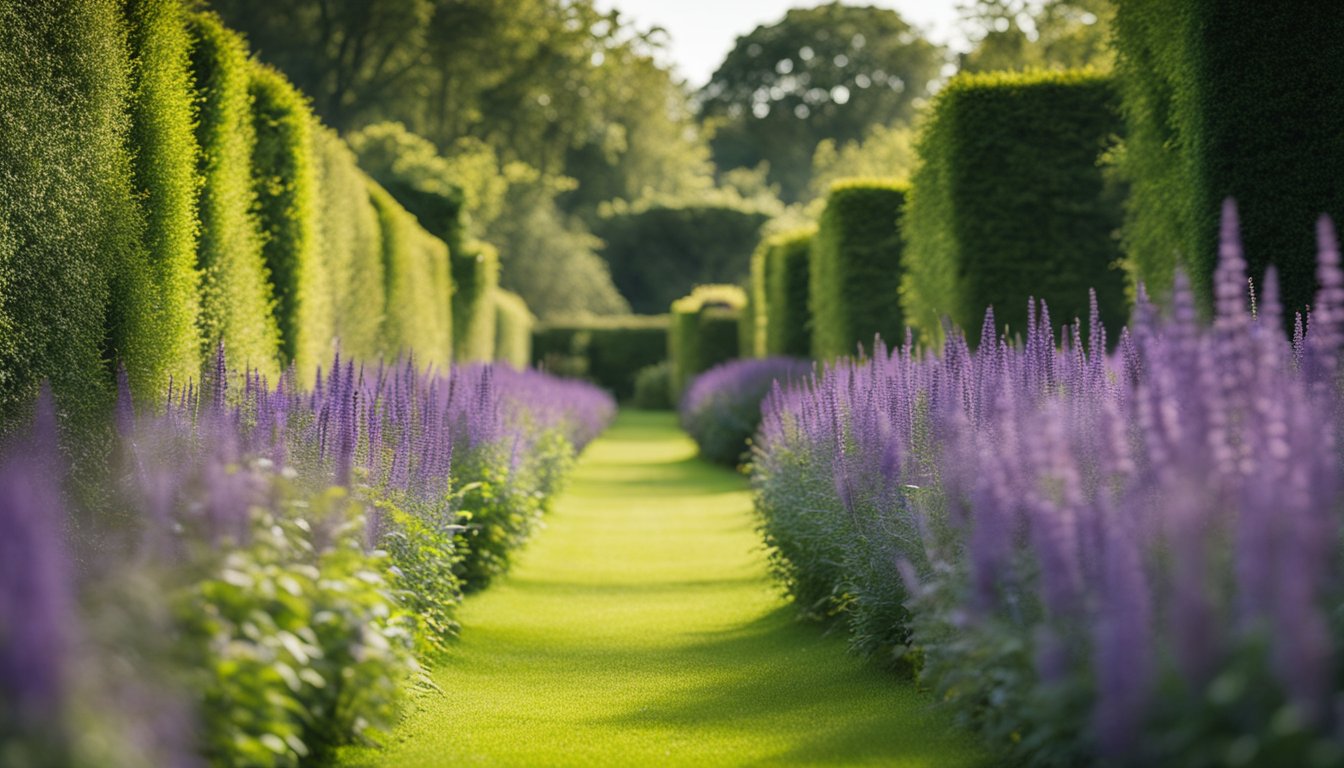 A lush garden hedge in the UK, teeming with native plants and wildlife. Birds, butterflies, and bees are attracted to the vibrant and diverse ecosystem