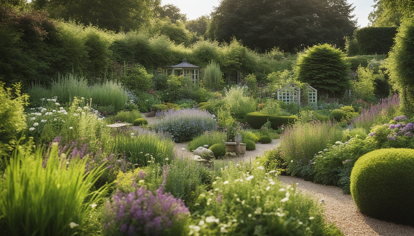 A lush UK garden filled with native plants, surrounded by a variety of gardening tools and habitats, showcasing the care and maintenance of the natural environment