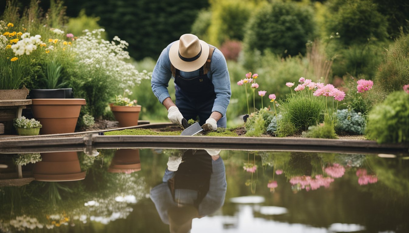 A gardener uses a hand trowel to plant native UK flowers while a bird feeder and small pond support local wildlife