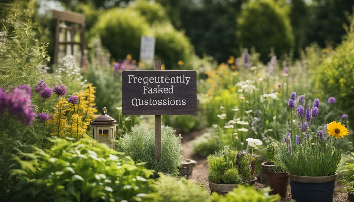 A garden with native UK plants, surrounded by gardening tools and equipment, with a sign displaying "Frequently Asked Questions" on a wooden post