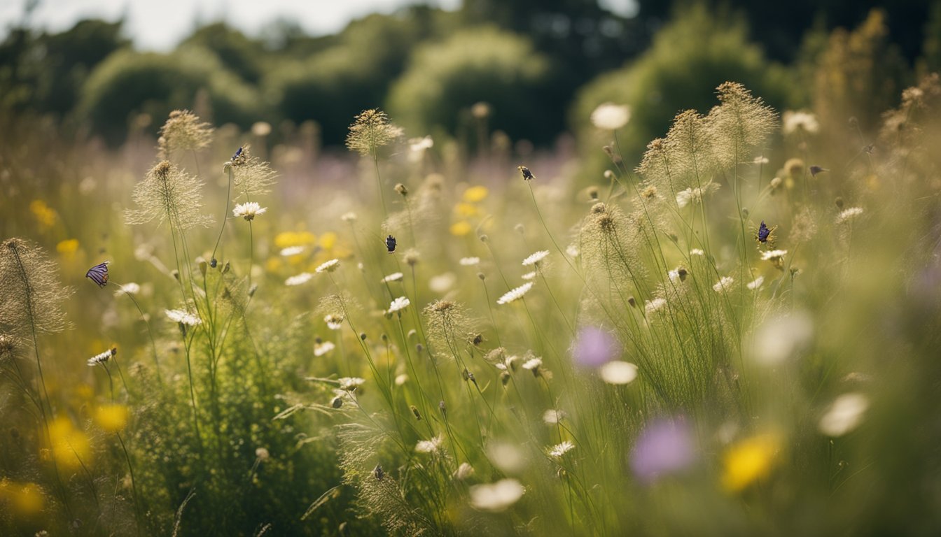 A garden filled with native UK grasses, surrounded by blooming wildflowers and buzzing with bees, butterflies, and birds