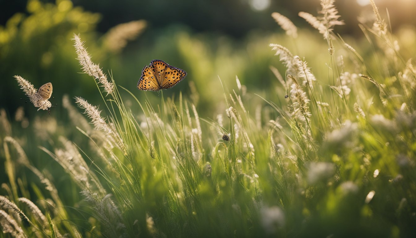 A lush garden filled with a variety of native UK grasses, attracting butterflies, bees, and birds