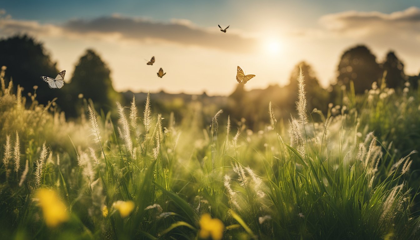 A lush garden with various native UK grasses, butterflies, and birds