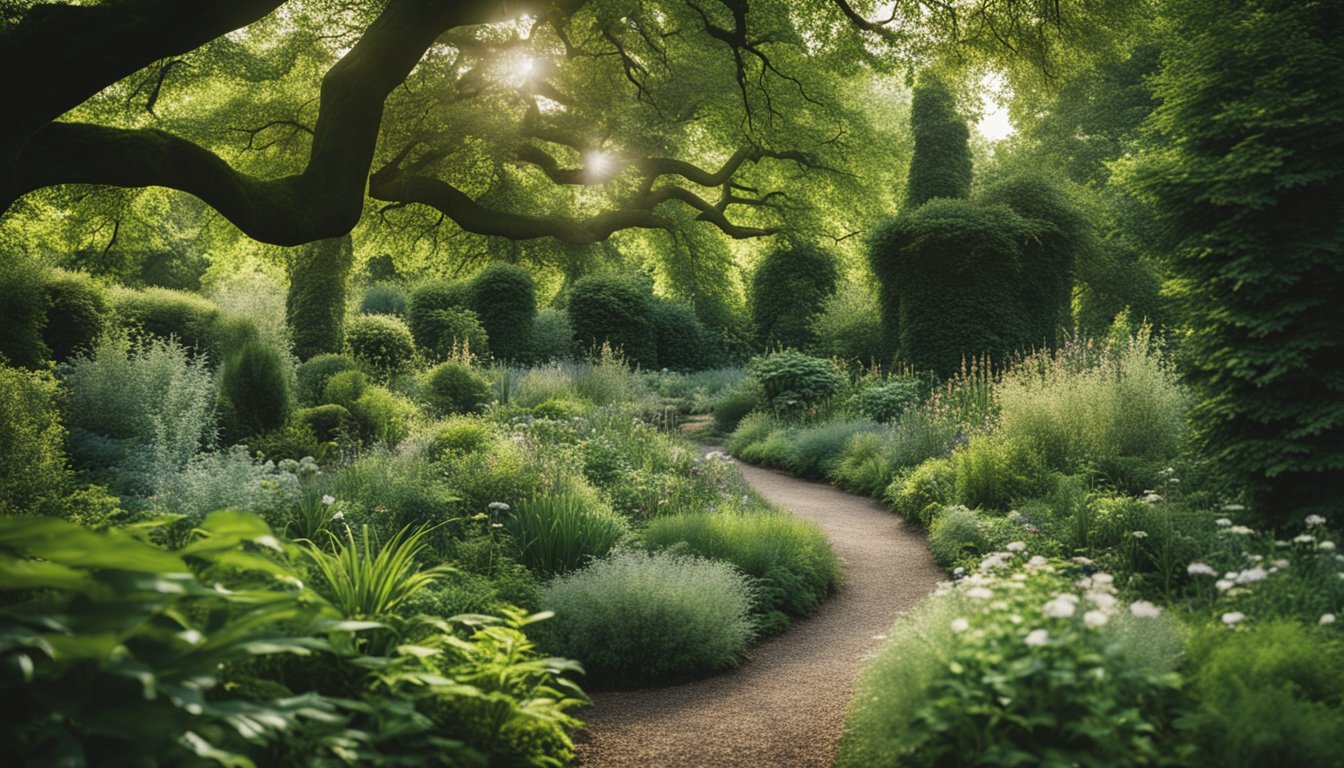 A lush garden with a variety of native UK plants thriving in the dappled shade of tall trees