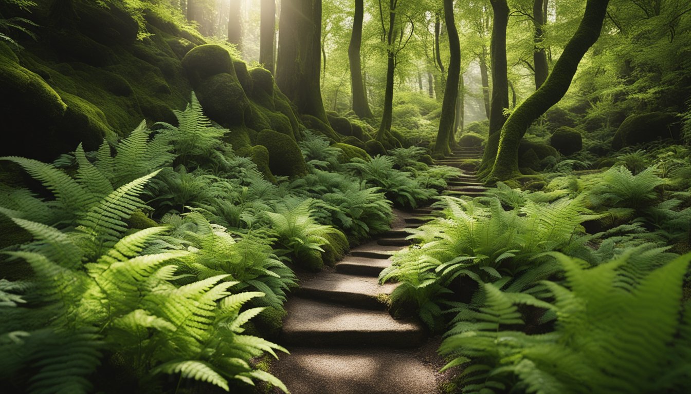 A lush, shaded garden with ferns, foxgloves, and bluebells nestled among moss-covered rocks and dappled sunlight filtering through the trees