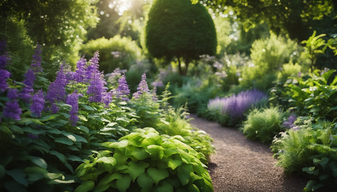 A lush, shaded garden filled with native UK plants in various shades of green and purple. The plants are neatly arranged in beds, with dappled sunlight filtering through the canopy above