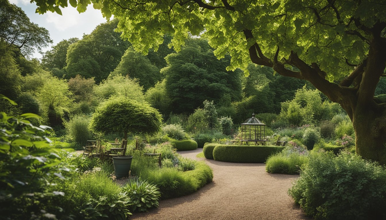 A lush garden filled with native UK trees, attracting a variety of birds, insects, and small mammals. The trees provide shelter, food, and support for a thriving ecosystem